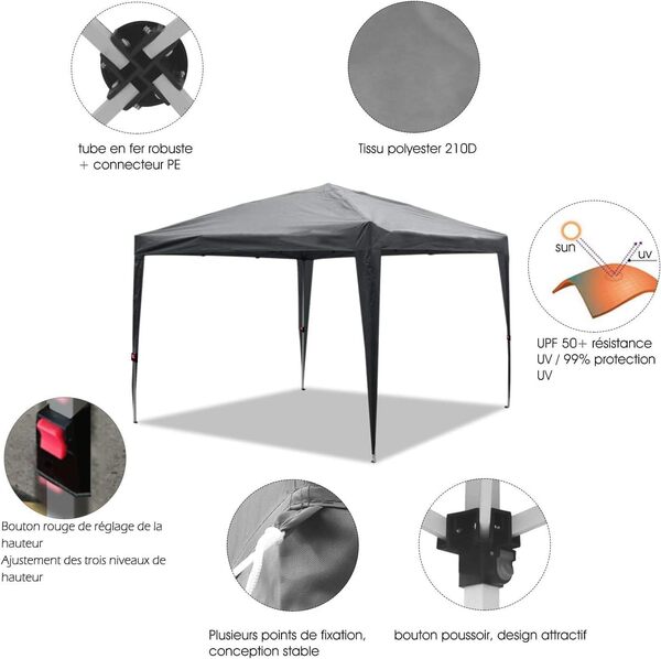 ISE 3x3m Tonnelle de Jardin Exterieur, Tente Réception Pavillon Aluminium Pliable,Robuste, avec 4 Parois Latérales pour Jardin, Tonnelles de Camping Fête,Camping,Festival,Bière - UV50+ (Gris)
