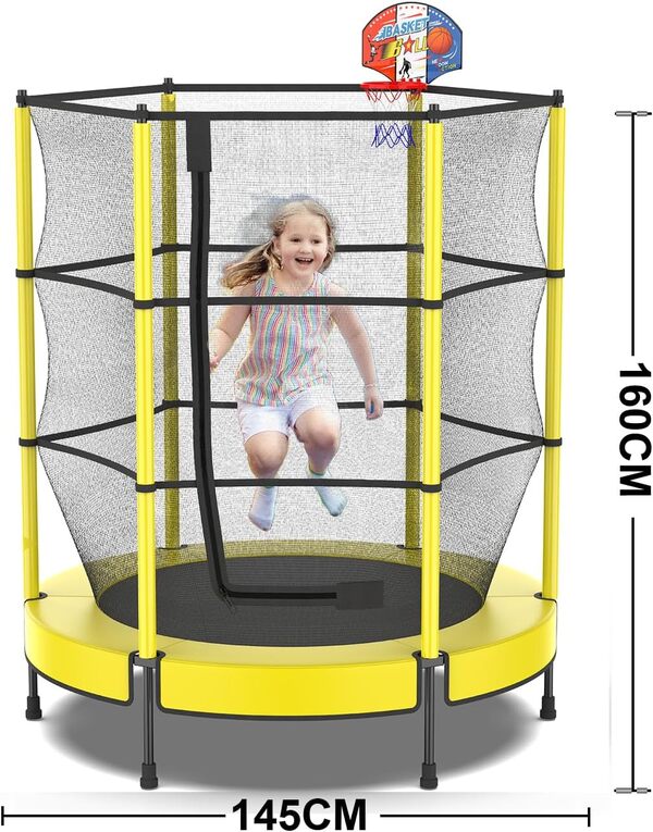 PILIN Trampoline pour Enfants avec Panier, Ø145cm Trampoline Extérieur pour Enfants avec Ressorts, Filet De Sécurité Surélevé - Cadeaux d'anniversaire pour Garçons Et Filles, Cadeaux De Noël