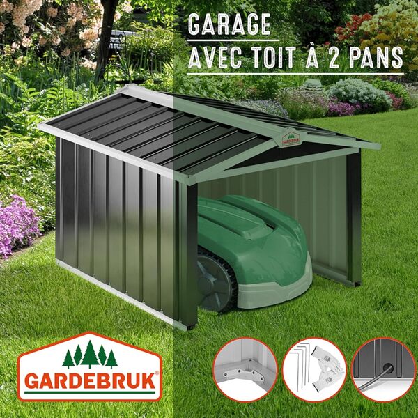 Garage Robot Tondeuse Toit à 2 pans métal 86x100x63cm résistante intempéries 4X piquets Terre abri carport Herbe Anthracite