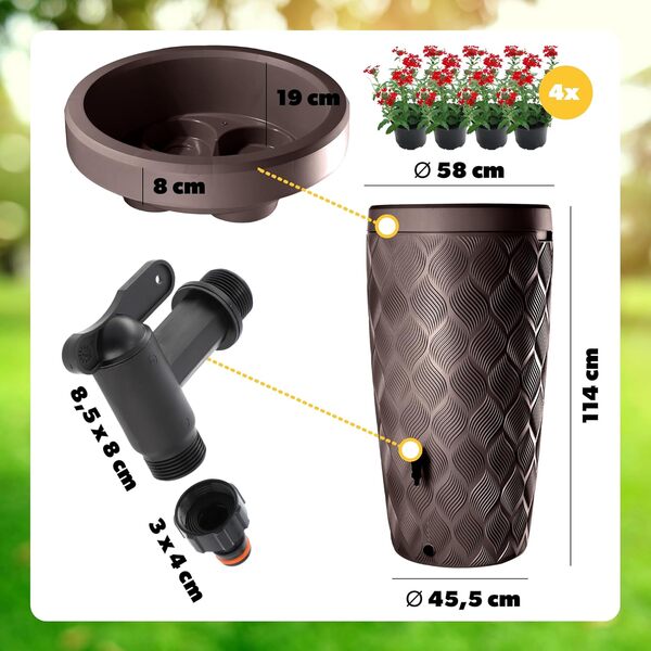 KADAX Récupérateur d'eau de pluie avec bac à plantes intégré dans le couvercle - 240 l - En plastique - Réservoir d'eau de pluie avec robinet - Résistant au gel - Marron