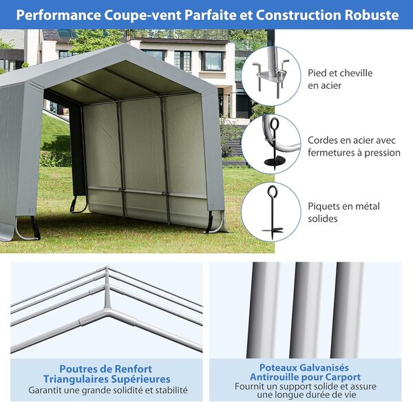 GYMAX Tente Garage Imperméable, Abri de Voiture/Vélo avec Cadre en Acier Antirouille, Portes Détachables avec Fermetures à Glissière