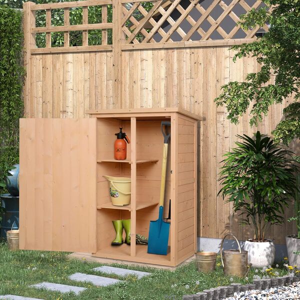 Outsunny Armoire abri de Jardin Remise pour Outils Bois de Sapin pré-huilé Toit bitumé incliné - Grande Porte verrouillable loquet - 2 étagères - dim. 75L x 56l x 115H cm