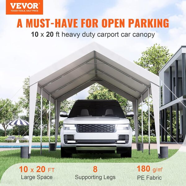 VEVOR Carport Auvent pour Voiture, Abri de Garage Extérieur 3x6 m avec 8 Poteaux Renforcés et 4 Sacs Lestés, Bâche Imperméable Résistante aux UV Toutes Saisons pour Fête, Jardin, Camion, Bateau, Blanc