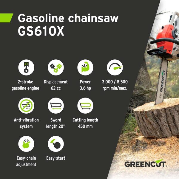 GREENCUT GS610X - Tronçonneuse à essence 61,2cc 3,6hp, moteu thermique 2 temps, lame 20