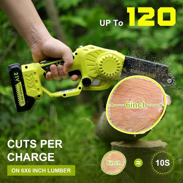 6 Pouces Mini Tronçonneuse Électrique Sans Fil avec Moteur Brushless, Incluant 2 Batteries de et 2 Chaînes, Vitesse de Chaîne, pour Couper le Bois et Élaguer dans le Jardin