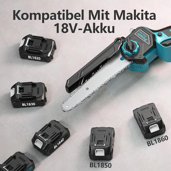 Mini Tronconneuse a Batterie 8000mAh, 6 Pouces 1000W Tronconneuse Electrique Sans Fil Brushless avec Graisseur Automatique, Elagueuse Batterie, Petite Tronçonneuse Compatible avec Makita pour Jardin