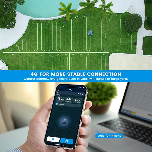 HOOKII Robot Tondeuse pour Jardins Jusqu’à 1000m², Tonte parallèle, redécoupe et Recharge Automatique, Bluetooth/WiFi /4G, Batterie de Grande capacité de 4400mAh, Uniquement pour iPhone (Version 4G)