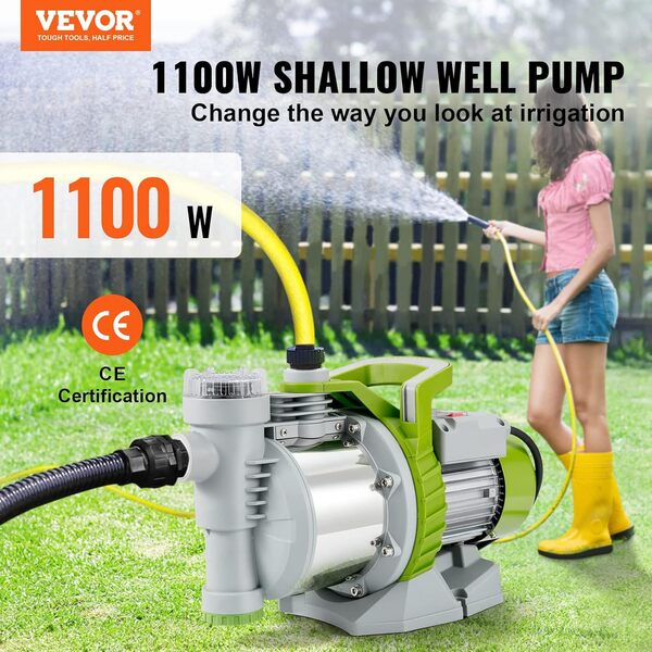 VEVOR Pompe d'Arrosage de Surface 1100 W Pompe Jardin avec Préfiltre Portable 4560 L/h Pompe Puits Peu Profond Inox Hauteur Levage 45 m d'Aspiration 8 m 4,5 bar pour Irrigation Transfert Eau Pelouse