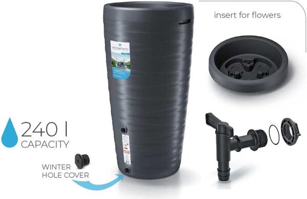 Spetebo Récupérateur d’eau de pluie design en plastique de 240 l avec robinet et bac à plantes comme couvercle – Anthracite – Résistant aux intempéries et au gel