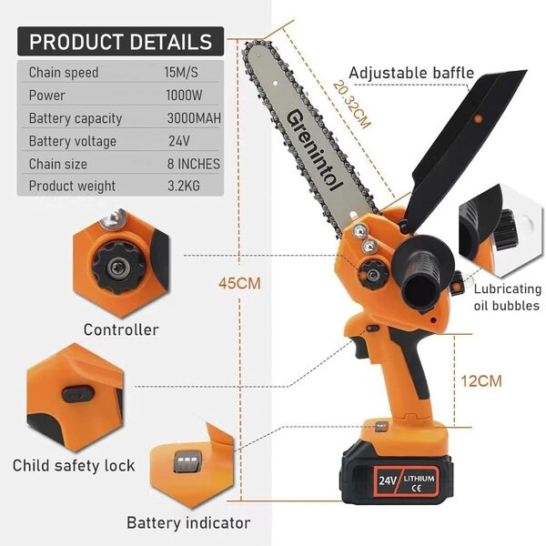 Grenintol Mini Tronçonneuse à Batterie, 8 Pouces Tronçonneuse Électrique sans Fil, 24V/1000W/6000mAh Mini Tronconneuse sans Fil avec 2 Batterie, 2 Chaînes, Tronçonneuse Électrique pour Jardin