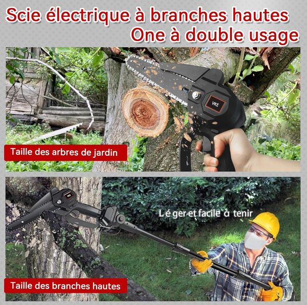 Tronçonneuse sur Batterie Télescopique 230cm, VKE 2-en-1 Mini Tronconneuse a Batterie avec 2 Batteries et un Sac de Rangement, Coupe Branche Electrique 6 Pouces pour l'élagage le Jardin Hochentaster