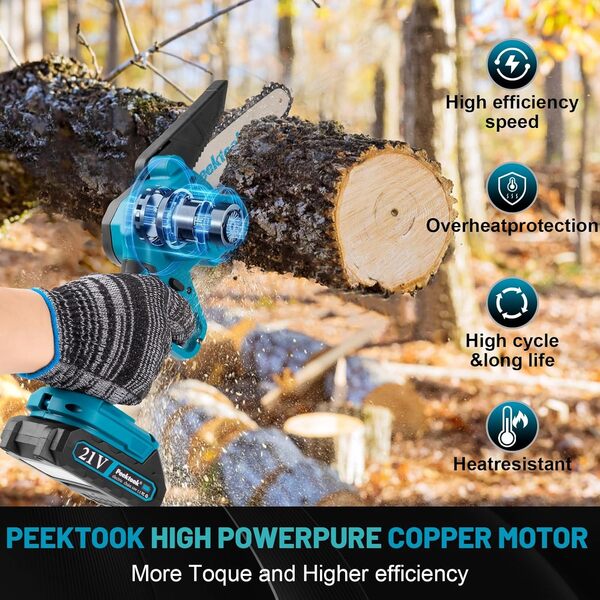 Mini Tronçonneuse à Batterie 6 Pouces, 4000mAh Mini Tronçonneuse Électrique Sans Fil avec 2 Batteries 2.0Ah, 2 Chaînes, Vitesse de coupe de 10 m/s pour la Coupe du bois, l'élagage le Jardin