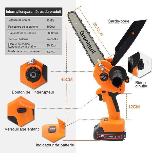 Grenintol Mini Tronçonneuse à Batterie, 8 Pouces Tronçonneuse Électrique sans Fil, 24V/1000W/6000mAh Mini Tronconneuse sans Fil avec 2 Batterie, 2 Chaînes, Tronçonneuse Électrique pour Jardin