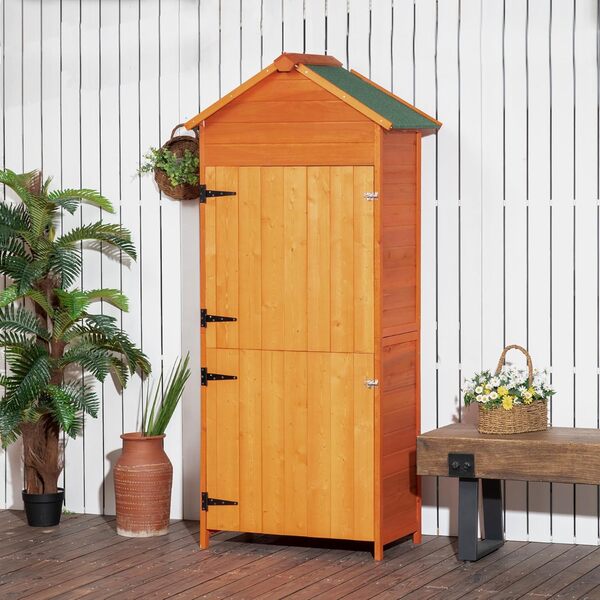 Outsunny Abri de Jardin, abri à Outils, Toit incliné en Bitume, 3 étagères, 2 Portes avec Fermeture à Pression, 84L x 52l x 188H cm, Bois Massif