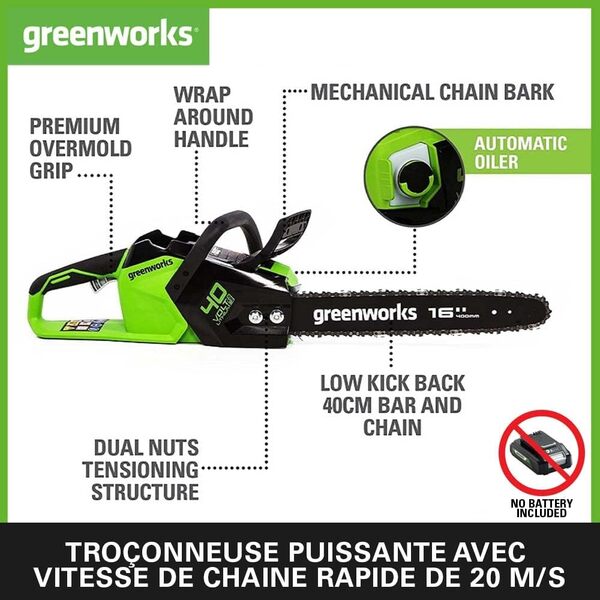 Greenworks GD40CS18 Tronçonneuse à Batterie avec Moteur Sans Balais, Longueur du Guide-Chaîne de 16-Pouces (40 cm), Vitesse de Chaîne de 20 m/s, 3,81kg, Anti-Rebond, SANS Batterie 40V et Chargeur