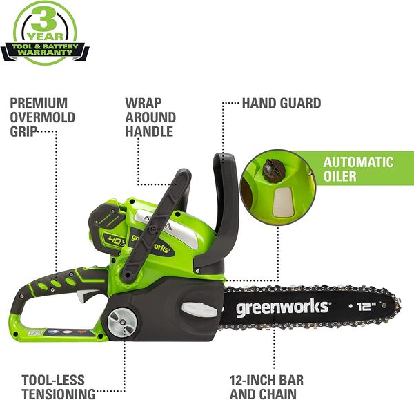 Greenworks 12-Inch 40V Cordless Chainsaw, 2.0 AH Battery Included 20262