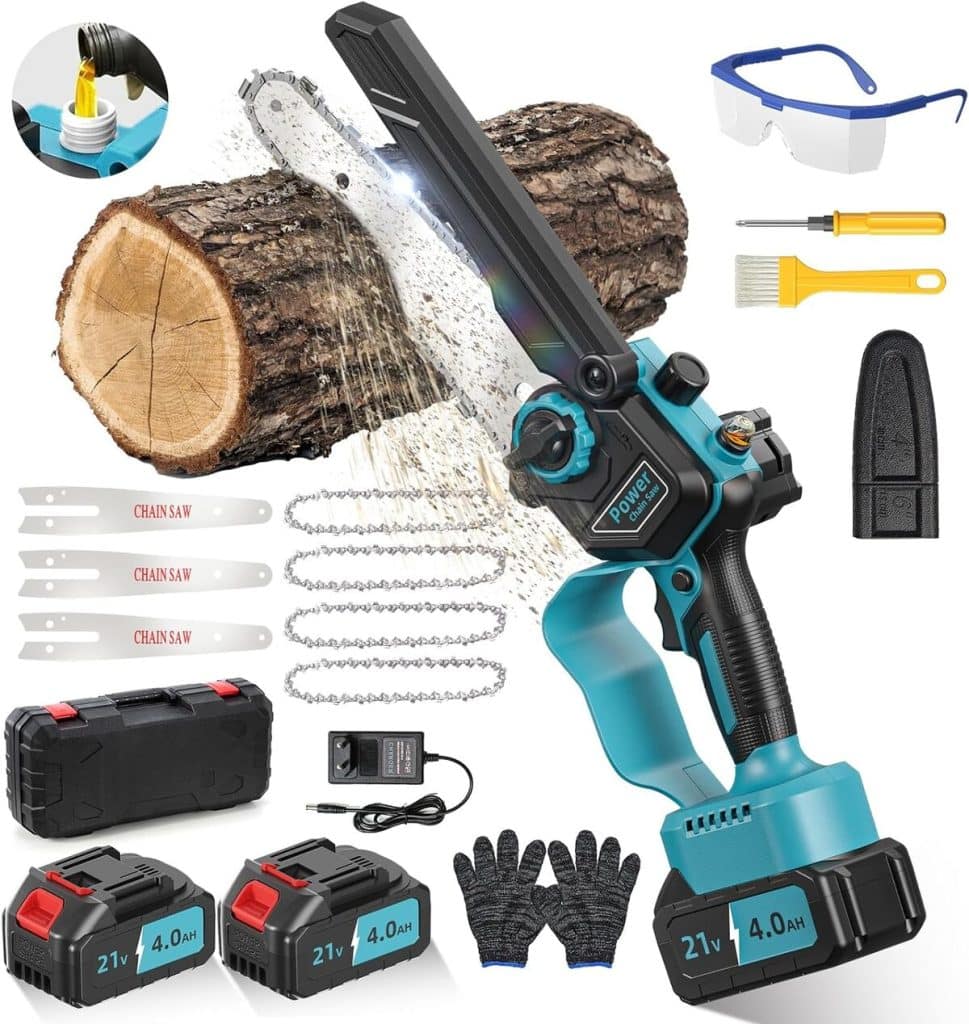 Test : mini tronçonneuse à batterie 8000mAh 6 pouces brushless pour jardin