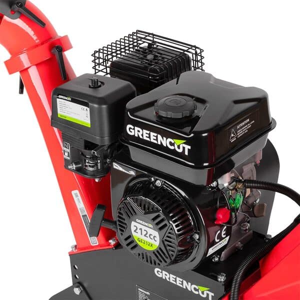 GREENCUT GE212X - Broyeur à essence de 212 cc et 5 kW, diamètre de coupe 100 mm, trémie grande taille, roues et poignée pour transport