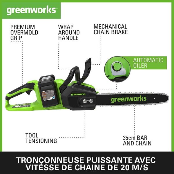 Greenworks Tronçonneuse à Batterie Moteur Sans Balais, Longueur des barres 14 Pouces (35cm), Vitesse 20 m/s, Graisseur Automatique, 2 Batteries 24V 4Ah et Chargeur Double, Garantie 3 Ans-GD24X2CS36K4X