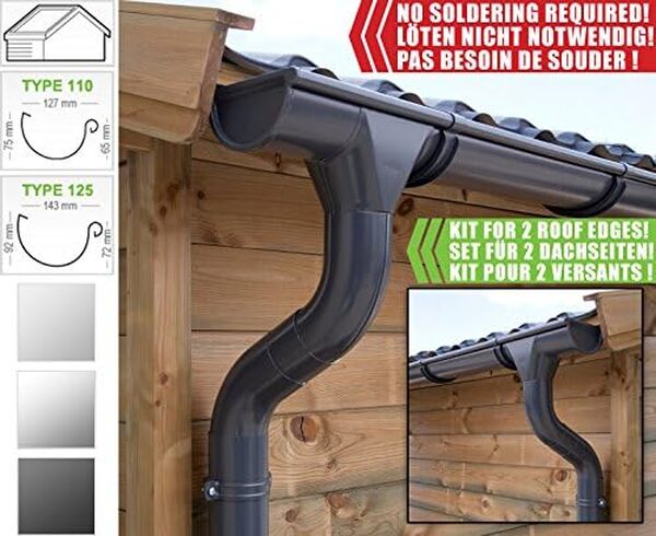 Kit gouttière zinc pour deux versants | en zinc naturel/titane/anthracite (RAL7024) | Idéal pour abri ou chalet de jardin  ! (Kit complet jusqu'à 13.60 m [Type 110], Anthracite (RAL7024))