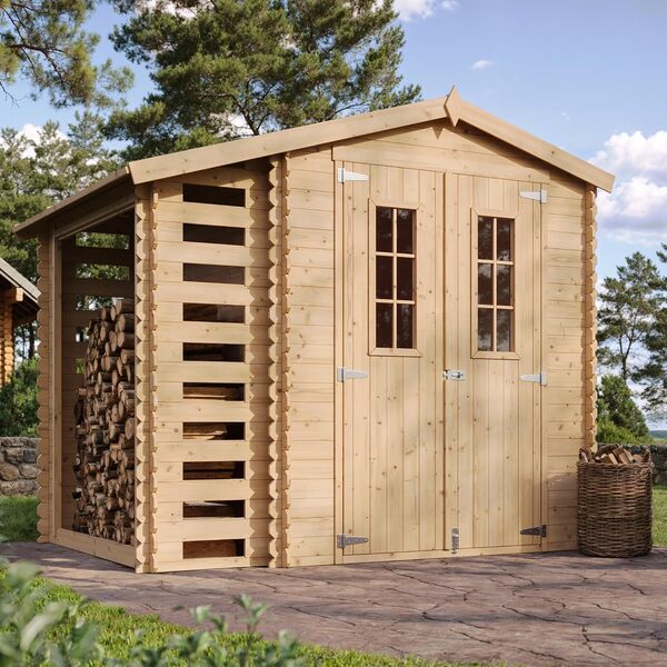 Abri de Jardin en Bois et Range bûches extérieur - Stockage extérieur I206xL272xH218 cm/ 3,53 + 0,97 m2 Petit abri à Outils, Local à vélos - Toit imperméable, fenêtres TIMBELA M386C