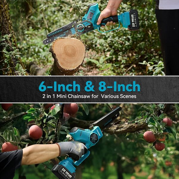 Supstable Mini Tronçonneuse à Batterie 8 et 6 Pouces, 8000mAh Élagueuse Sans Fil pour Branches et Jardin, Système D'huile Automatique, Tension de Chaîne Sans Outil, 900W, Compatible avec Makita 18V