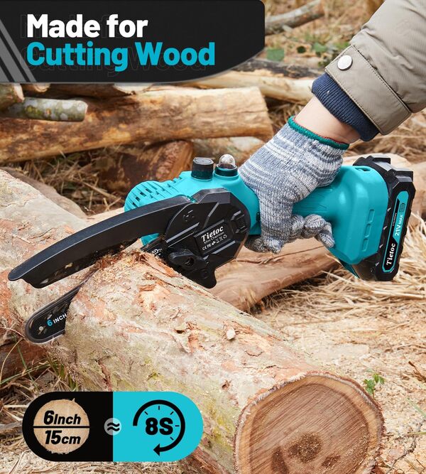 Tietoc Mini tronçonneuse électrique portable de 15,2 cm sans fil [avec 2 batteries 21 V] [mise à niveau 2024] Petite scie à chaîne électrique portable alimentée par piles pour branches d'arbre, cour