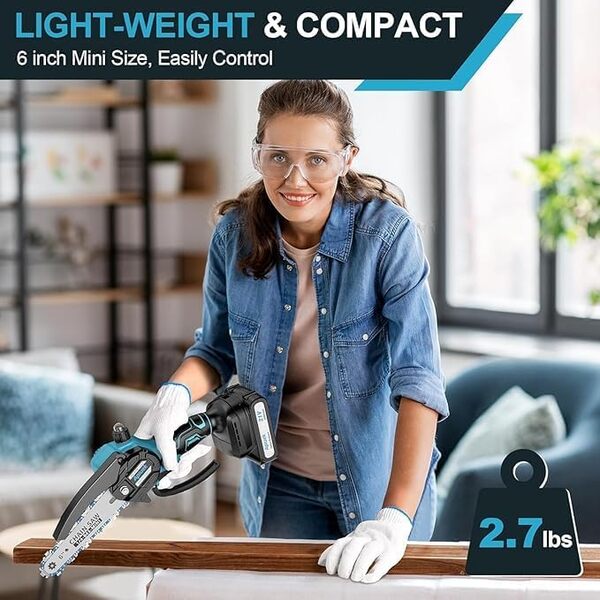 Mini scie à chaîne électrique sans fil de 15,2 cm, 2 batteries rechargeables, utilisation compacte à une main et système de lubrification automatique, double verrouillage de sécurité,