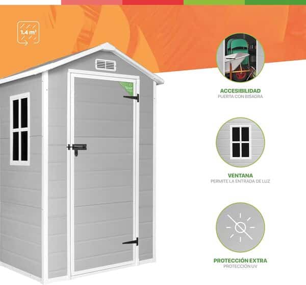 Abri de Jardin en Résine Aqua 1.4 - Assemblage Simple - Fenêtre à lumière du Jour - Panneaux de 12mm d'épaisseur - Plancher Inclus - Blanc Gris - Cabane de Stockage extérieur en PVC 1,37m2