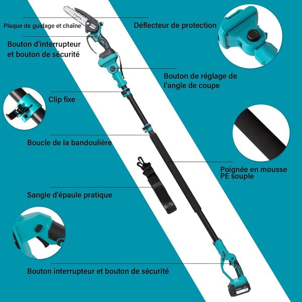 Tronçonneuse télescopique 2 en 1 STANEW, mini tronçonneuse sans balais avec 2 x 4000mAh batteries, 6 Pouces, hauteur de travail max. 4,55 m, réglage multi-angle de 0-120°(sangle incluse)