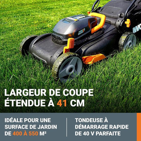 WORX Tondeuse à Gazon sans Fil 40 V (2 x 20 V) Max 40cm WG734E Idéale pour Un Jardin jusqu'à 500m², Powershare, 4 Ah, Technologie IntelliCut Hauteur de Coupe 20-80mm