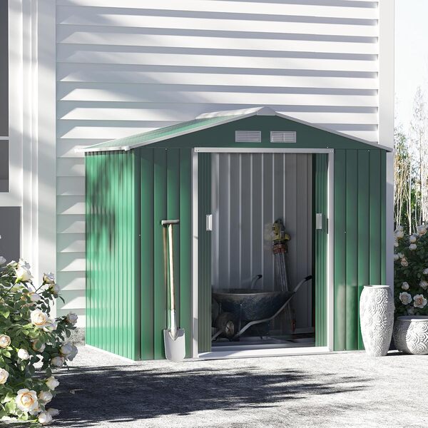 Outsunny Abri de Jardin 2,42 m² - Remise pour Outils avec Fondation - cabanon Porte verrouillable - dim. 213L x 130l x 185H cm - tôle d'acier Vert