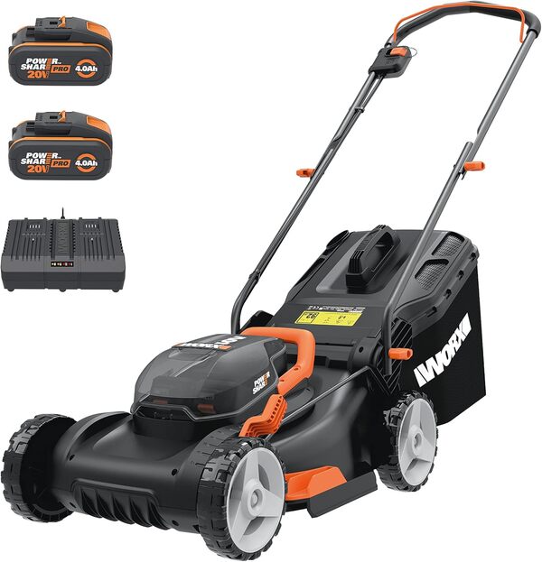 WORX - Pack Tondeuse à Gazon 2 * 20V WG743E - Jusqu'à 500 m² - Ø40 cm + Coupe-Bordures 20V WG163E.9 - Ø30cm (kit livré avec 2 Batteries et Chargeur Double)