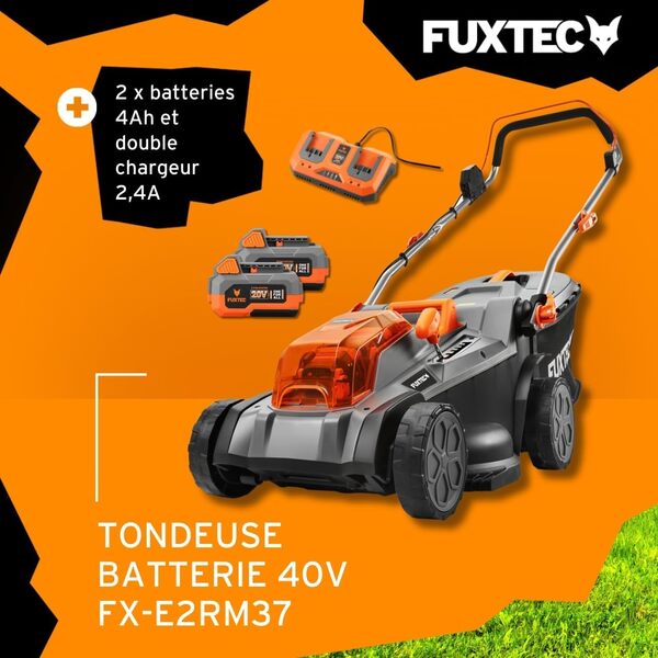 Fuxtec Tondeuse à Gazon sans Fil 40V (2x20V) E2RM37 Set Batteries et Chargeur - Largeur De Coupe 37cm, Hauteur De Coupe Variable, Tondeuse à Gazon Batterie, sans Fil