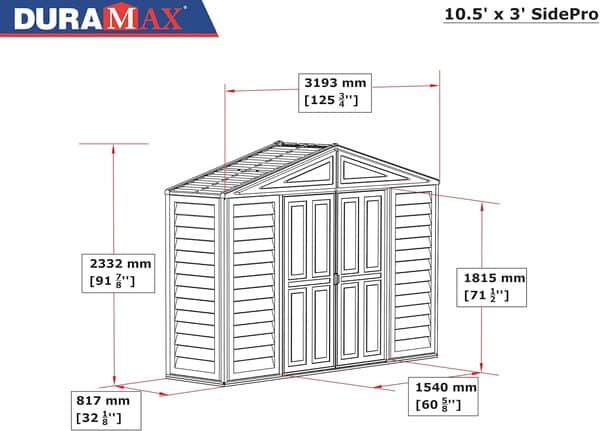 Duramax SidePro 10 x 3 (2.6 m²) Abri de jardin en plastique avec kit de fondation en métal, structure de toit en métal robuste, abri en vinyle sans entretien - Ivoire