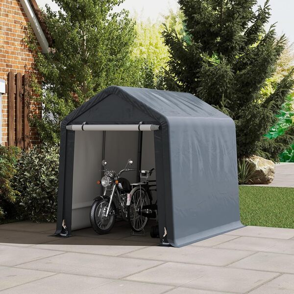 SOARS Abri de Jardin 195 X 240 X 214 CM, Tente Garage, Abri Vélo Extérieur avec Cadre en Métal et Couverture PE Résistante aux imtempéries, Piquets de Sol, pour Vélo, Moto, Bois, Outils, Gris
