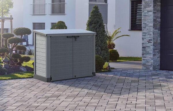 Duramax StoreAway 1200L Plastic Garden Shed/ Flat Lid, Outdoor Storage Shed, Wheelie Bin Hideaways, Wheelie bin box, Durable Construction, Ideal for Bikes, BBQs & 2x 240L Bins, 145x85x125 cm, Grey