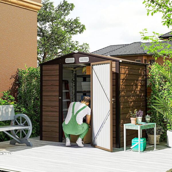 Outsunny Abri de jardin en métal 2,27 m², facile à monter, structure en acier galvanisé améliorée, abri à outils extérieur, toiture 2 pans avec aérations, gants et cadenas inclus, 190x131x188cm, chêne