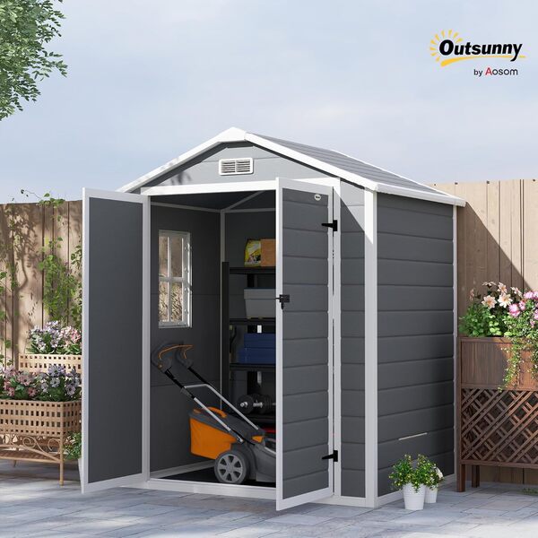Outsunny Abri de Jardin cabanon en résine polypropylène 2,12 m² - 2 Portes 1 fenêtre et 1 Grille d'aération, Toit en Pente, Gris