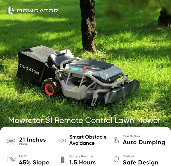 Mowrator Tondeuse à gazon télécommandée S1 2WD 12 Ah sans fil avec hauteur de coupe de 3,8 à 10,9 cm, largeur de coupe de 53,3 cm, tondeuse à gazon robotique pour 45 % de pente (24°) avec tonte de