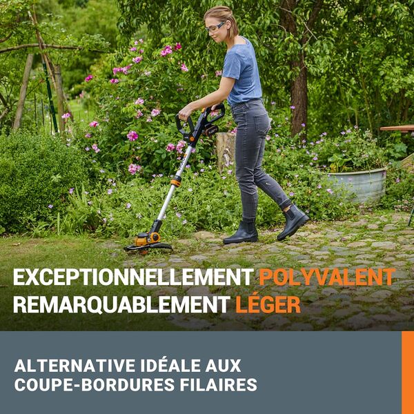 Worx Coupe Bordure sans Fil avec Batterie 20V WG163E.3 Débroussailleuse Ø30cm avec 2pcs 2.0Ah 20V PowerShare pour Pelouse Domestique 3m 1.65mm Fil Tête Rotative à 90° Manche Télescopique
