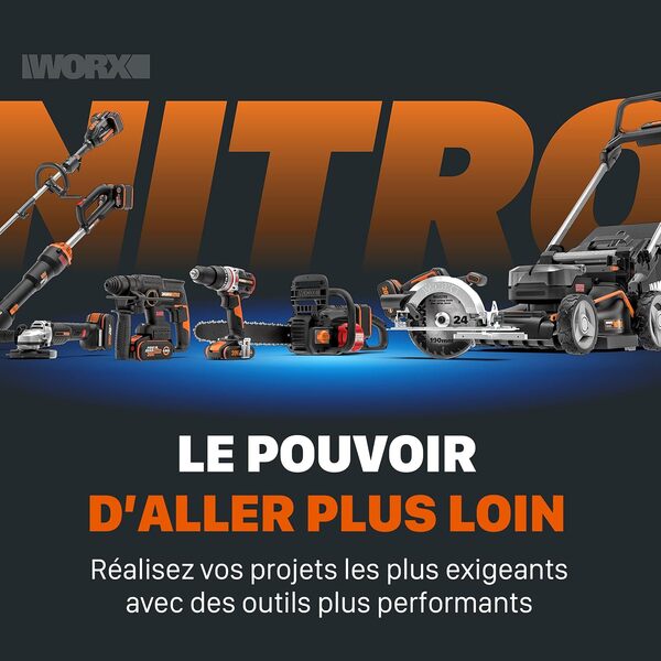 WORX Nitro Tondeuse à Gazon tractée Brushless sans Fil 40V WG749E, jusqu'à 500m² sur Une Charge, diam. 46cm, Coupe jusqu'aux Bordures, Sac de 55 L, Mulching, livée avec 2 Batteries 4Ah et Chargeur