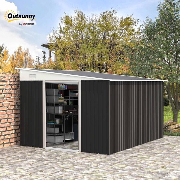 Outsunny Abri de Jardin en tôle de 8,9 m² avec 2 Prises d'air, abri à Outils avec Toit incliné, Portes verrouillables, 45x280,5x169/201cm, Noir