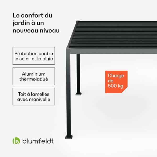 blumfeldt Tonnelle 3x3m, Tonnelle de Jardin Extérieur avec Toit à Lamelles Réglable, Cadre en Aluminium avec Revêtement en Poudre, Résistant aux Intempéries, Noir, 3x3x2,5m