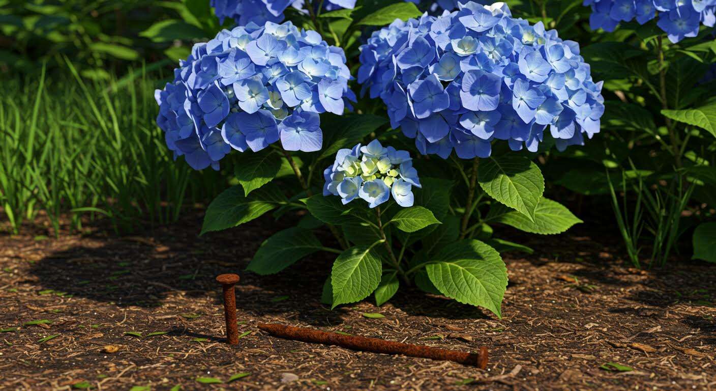 Le secret des horticulteurs : un clou rouillé planté au pied de l'hortensia pour une couleur bleue intense