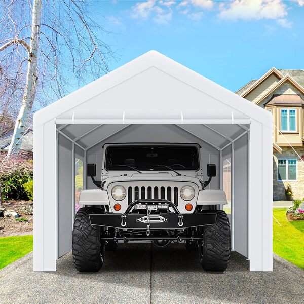COBIZI Carport – Garage portable robuste 2.0 de 3 x 6 m, auvent imperméable avec 4 fenêtres en maille ventilée enroulable et 2 parois latérales amovibles pour voiture, camion et bateau, blanc