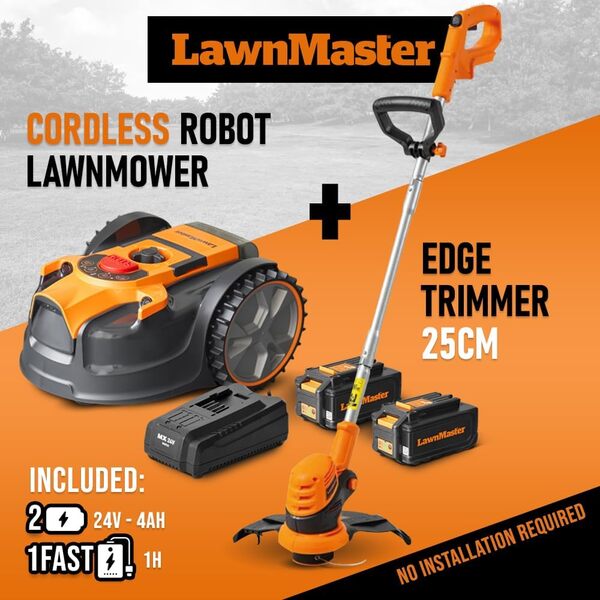 Lawnmaster Robot Tondeuse Autonome 24V sans Fil périmétrique - Le Robot Le Plus Simple du marché + Coupe Bordures 24v et 2 Batteries.