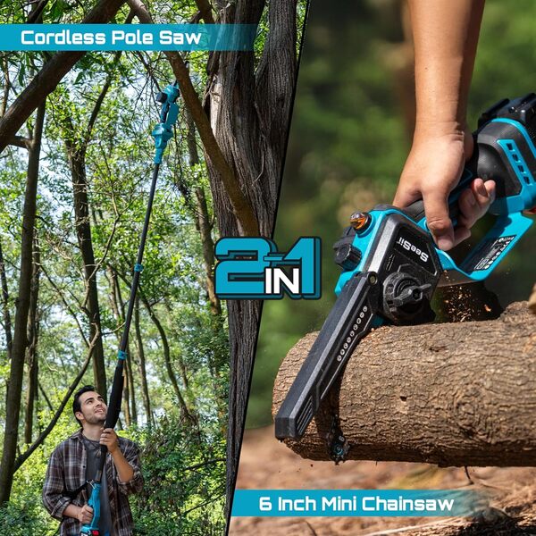 SEESII 2-en-1 Tronçonneuse Télescopique & Mini Tronçonneuse, Tondeuse Electrique Sans Balais de 6 Pouces avec Poteau Télescopique, Tronçonneuse Alimentée par Batterie avec 2 Batteries de 4000 mAh