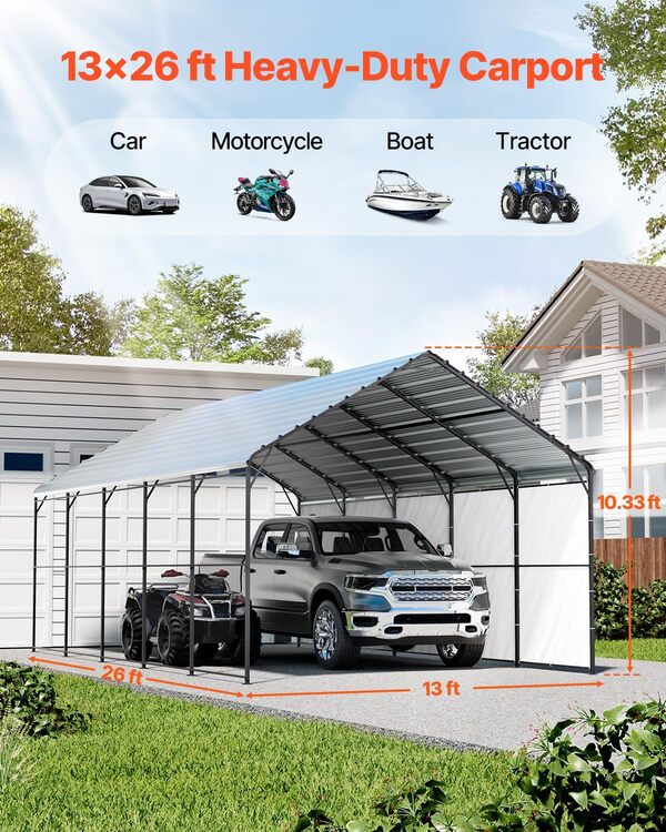 VEVOR Carport en métal pour usages Graves 4 x 8 x 3,15 m avec Structure et Toit en Acier galvanisé, Rideau de Garage parois latérales Amovibles, abris de Voiture Multi-usages pour ramassage, Bateau,