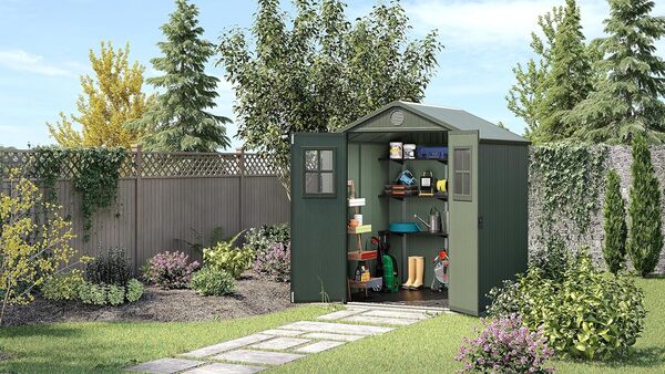 Keter Abri de Jardin Darwin 6 x 6 cm, Finition Effet Bois, Couleur Vert Sauge, 3,3 m², 190 x 183 x 221 H cm